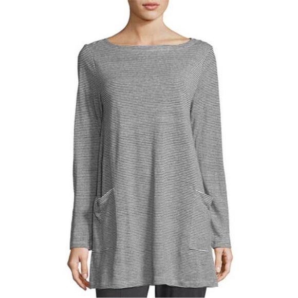 Eileen Fisher Long Sleeve Organic Linen Jersey Mini-Striped Tunic - Picture 1 of 11